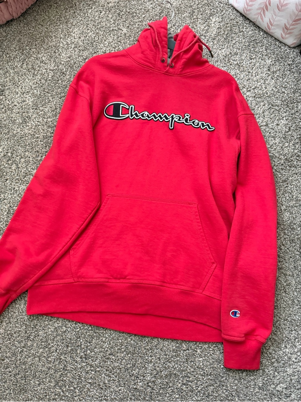 Champion Red Pullover Hoodie with Script Logo